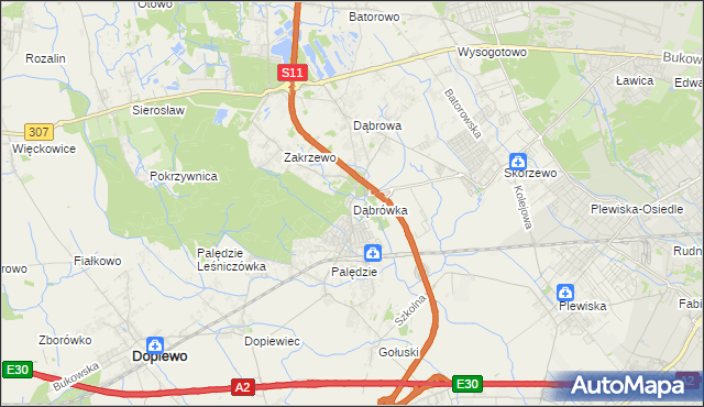 mapa Dąbrówka gmina Dopiewo, Dąbrówka gmina Dopiewo na mapie Targeo