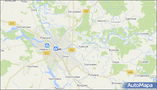 mapa Kawcze gmina Śrem, Kawcze gmina Śrem na mapie Targeo