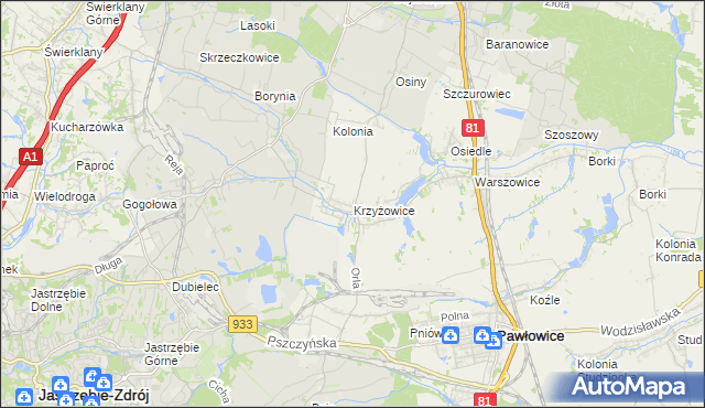 mapa Krzyżowice gmina Pawłowice, Krzyżowice gmina Pawłowice na mapie Targeo