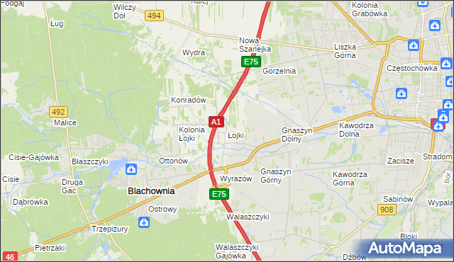 mapa Łojki gmina Blachownia, Łojki gmina Blachownia na mapie Targeo