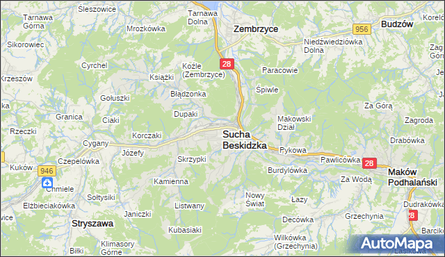 mapa Sucha Beskidzka, Sucha Beskidzka na mapie Targeo