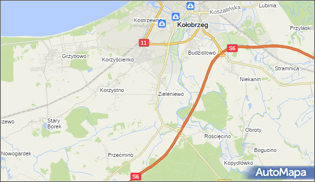 mapa Zieleniewo gmina Kołobrzeg, Zieleniewo gmina Kołobrzeg na mapie Targeo