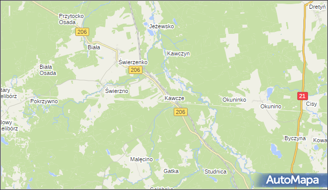 mapa Kawcze gmina Miastko, Kawcze gmina Miastko na mapie Targeo