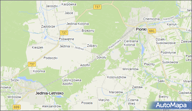 mapa Sokoły gmina Pionki, Sokoły gmina Pionki na mapie Targeo