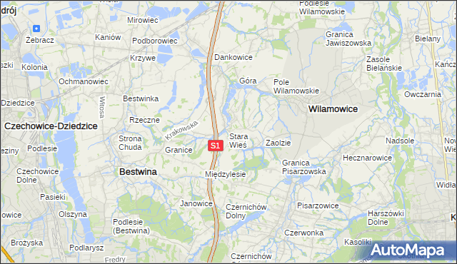 mapa Stara Wieś gmina Wilamowice, Stara Wieś gmina Wilamowice na mapie Targeo