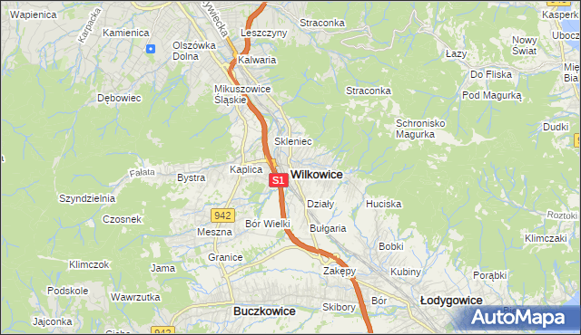 mapa Wilkowice powiat bielski, Wilkowice powiat bielski na mapie Targeo