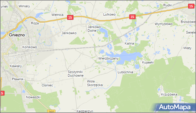 mapa Wierzbiczany gmina Gniezno, Wierzbiczany gmina Gniezno na mapie Targeo