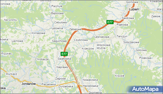 mapa Krzeczów gmina Lubień, Krzeczów gmina Lubień na mapie Targeo