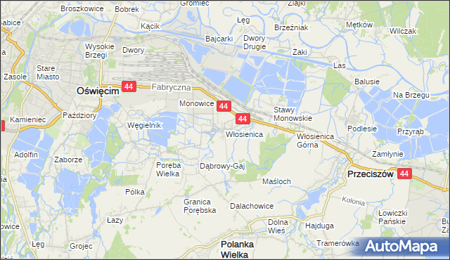 mapa Włosienica gmina Oświęcim, Włosienica gmina Oświęcim na mapie Targeo