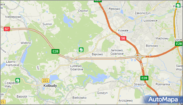 mapa Bąkowo gmina Kolbudy, Bąkowo gmina Kolbudy na mapie Targeo