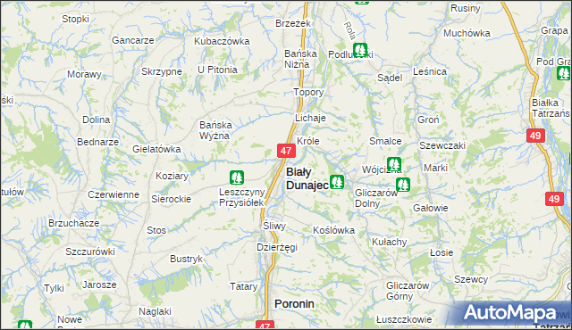 mapa Biały Dunajec, Biały Dunajec na mapie Targeo