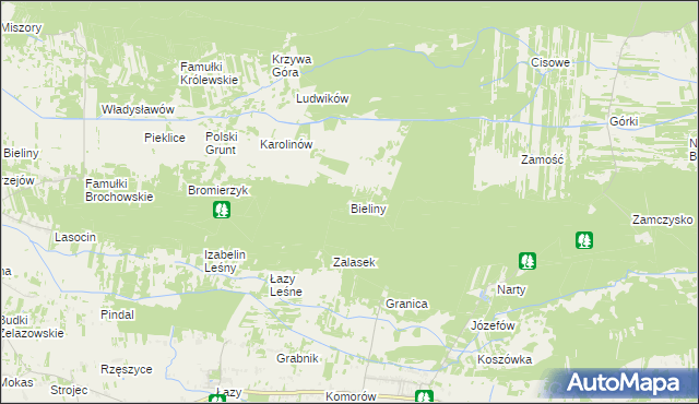 mapa Bieliny gmina Kampinos, Bieliny gmina Kampinos na mapie Targeo