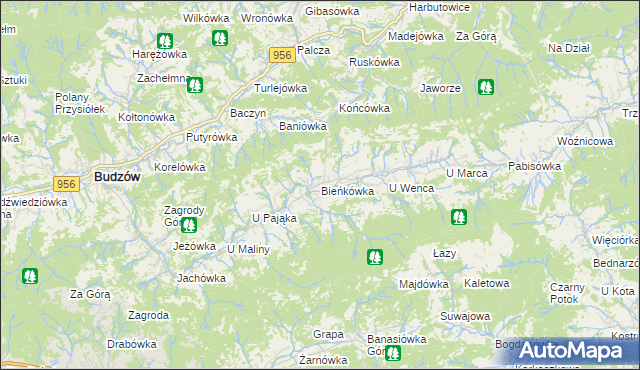 mapa Bieńkówka gmina Budzów, Bieńkówka gmina Budzów na mapie Targeo