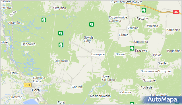 mapa Biskupice gmina Olsztyn, Biskupice gmina Olsztyn na mapie Targeo