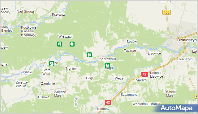 mapa Bobrowniki gmina Działoszyn, Bobrowniki gmina Działoszyn na mapie Targeo