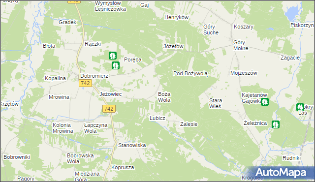 mapa Boża Wola gmina Kluczewsko, Boża Wola gmina Kluczewsko na mapie Targeo