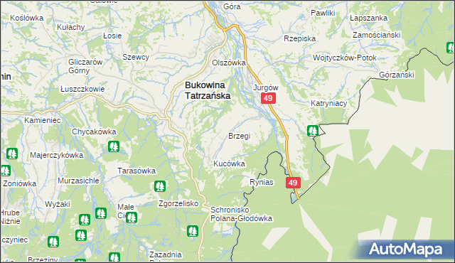 mapa Brzegi gmina Bukowina Tatrzańska, Brzegi gmina Bukowina Tatrzańska na mapie Targeo