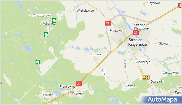 mapa Brzoza gmina Strzelce Krajeńskie, Brzoza gmina Strzelce Krajeńskie na mapie Targeo