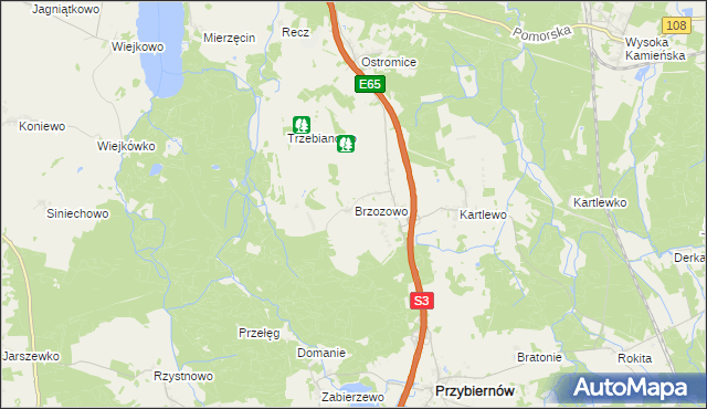 mapa Brzozowo gmina Przybiernów, Brzozowo gmina Przybiernów na mapie Targeo