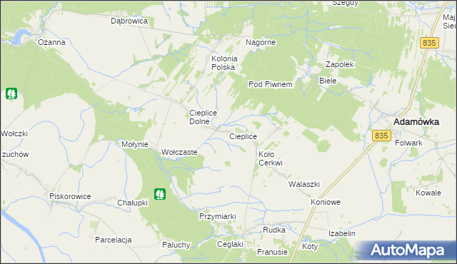 mapa Cieplice gmina Adamówka, Cieplice gmina Adamówka na mapie Targeo