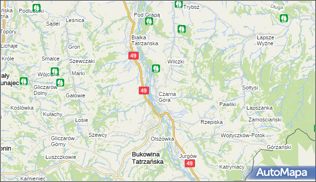 mapa Czarna Góra gmina Bukowina Tatrzańska, Czarna Góra gmina Bukowina Tatrzańska na mapie Targeo