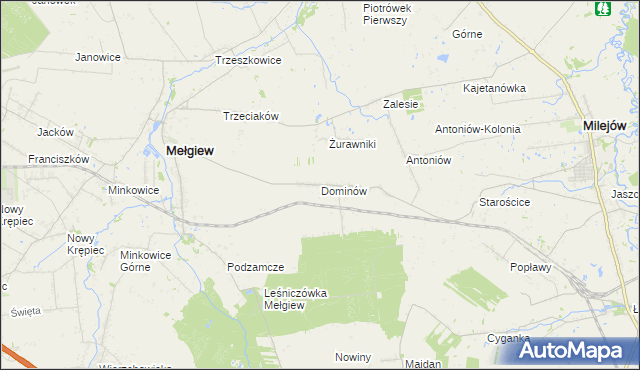 mapa Dominów gmina Mełgiew, Dominów gmina Mełgiew na mapie Targeo