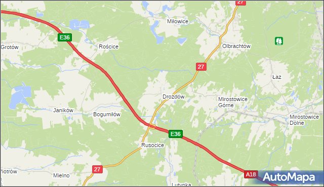 mapa Drozdów gmina Żary, Drozdów gmina Żary na mapie Targeo