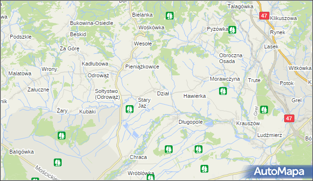 mapa Dział gmina Czarny Dunajec, Dział gmina Czarny Dunajec na mapie Targeo