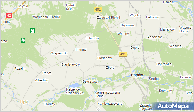 mapa Florianów gmina Popów, Florianów gmina Popów na mapie Targeo
