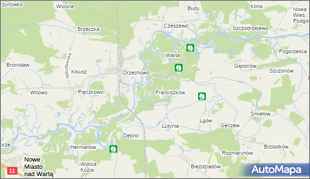 mapa Franciszków gmina Nowe Miasto nad Wartą, Franciszków gmina Nowe Miasto nad Wartą na mapie Targeo