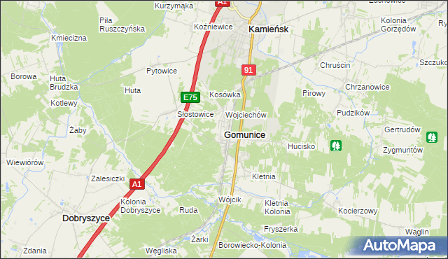 mapa Gomunice, Gomunice na mapie Targeo