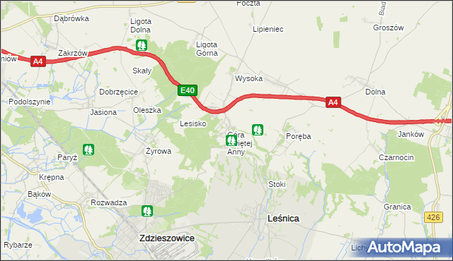 mapa Góra Świętej Anny gmina Leśnica, Góra Świętej Anny gmina Leśnica na mapie Targeo