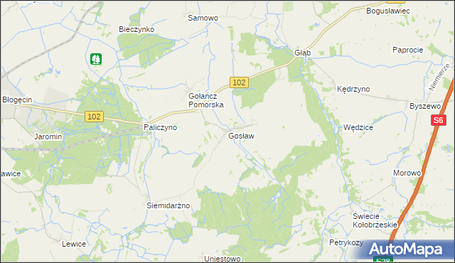 mapa Gosław gmina Trzebiatów, Gosław gmina Trzebiatów na mapie Targeo