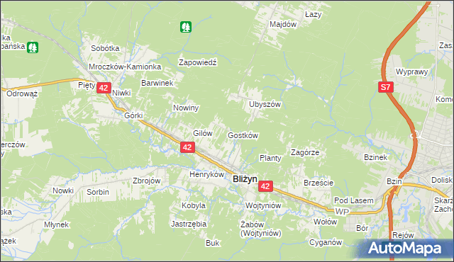 mapa Gostków gmina Bliżyn, Gostków gmina Bliżyn na mapie Targeo