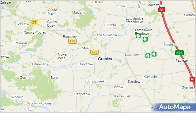 mapa Grabica powiat piotrkowski, Grabica powiat piotrkowski na mapie Targeo