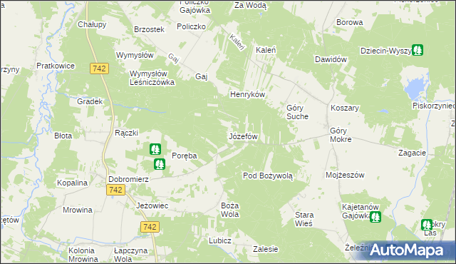mapa Józefów gmina Przedbórz, Józefów gmina Przedbórz na mapie Targeo