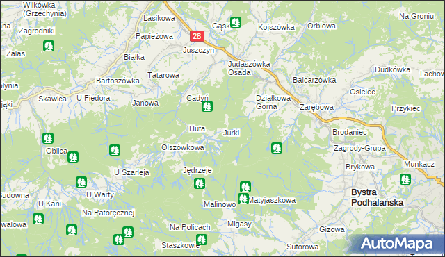 mapa Jurki gmina Maków Podhalański, Jurki gmina Maków Podhalański na mapie Targeo