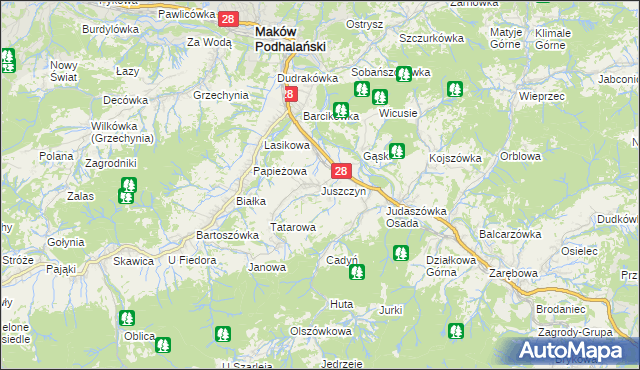 mapa Juszczyn gmina Maków Podhalański, Juszczyn gmina Maków Podhalański na mapie Targeo