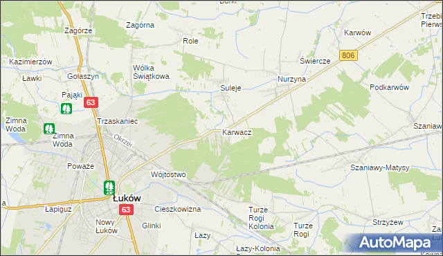 mapa Karwacz gmina Łuków, Karwacz gmina Łuków na mapie Targeo