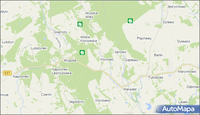 mapa Klonowo gmina Ostróda, Klonowo gmina Ostróda na mapie Targeo