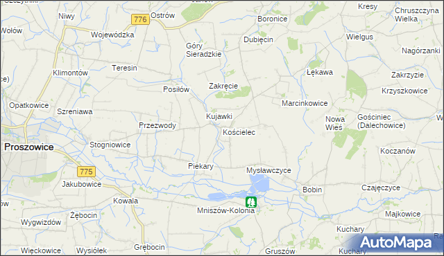 mapa Kościelec gmina Proszowice, Kościelec gmina Proszowice na mapie Targeo