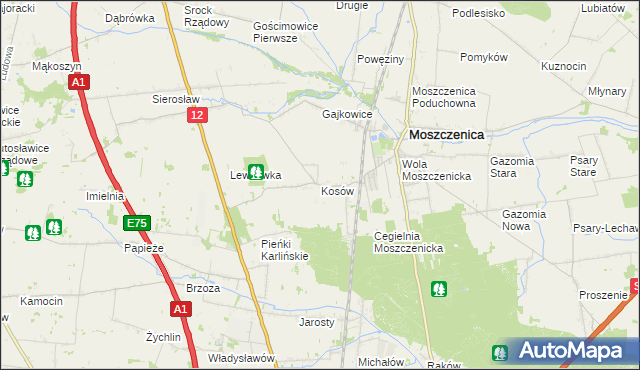 mapa Kosów gmina Moszczenica, Kosów gmina Moszczenica na mapie Targeo