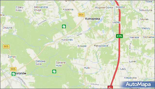 mapa Kowale gmina Konopiska, Kowale gmina Konopiska na mapie Targeo