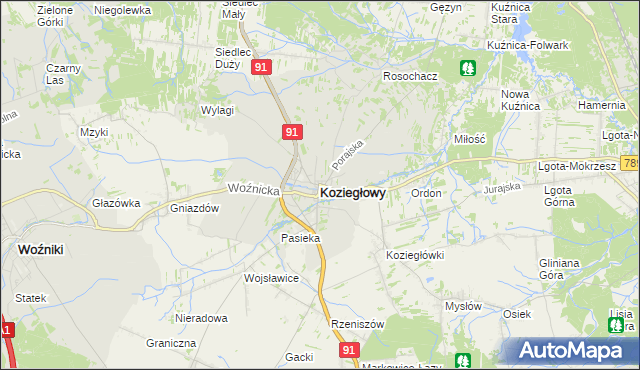 mapa Koziegłowy powiat myszkowski, Koziegłowy powiat myszkowski na mapie Targeo