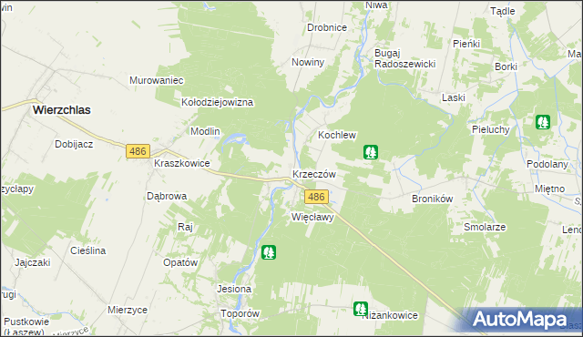 mapa Krzeczów gmina Wierzchlas, Krzeczów gmina Wierzchlas na mapie Targeo