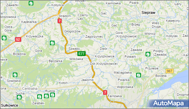 mapa Krzyszkowice gmina Myślenice, Krzyszkowice gmina Myślenice na mapie Targeo