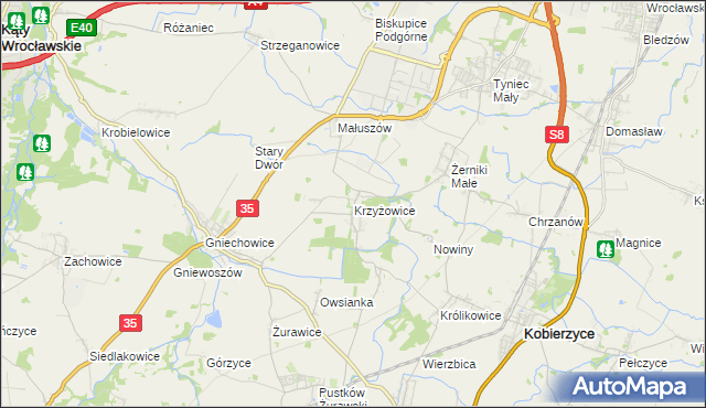 mapa Krzyżowice gmina Kobierzyce, Krzyżowice gmina Kobierzyce na mapie Targeo