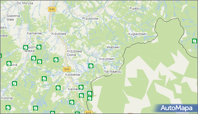 mapa Krzyżówki gmina Jeleśnia, Krzyżówki gmina Jeleśnia na mapie Targeo