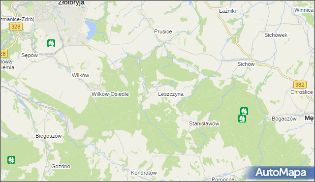 mapa Leszczyna gmina Złotoryja, Leszczyna gmina Złotoryja na mapie Targeo