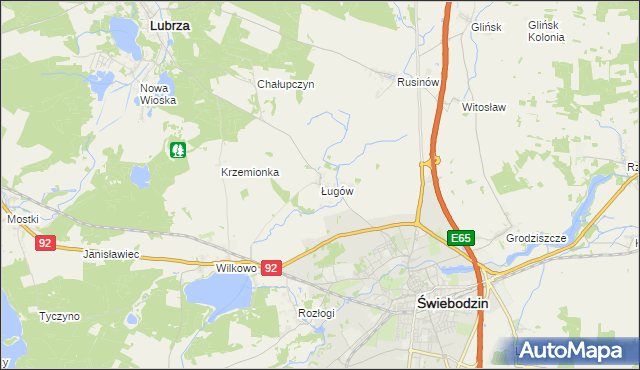 mapa Ługów gmina Świebodzin, Ługów gmina Świebodzin na mapie Targeo